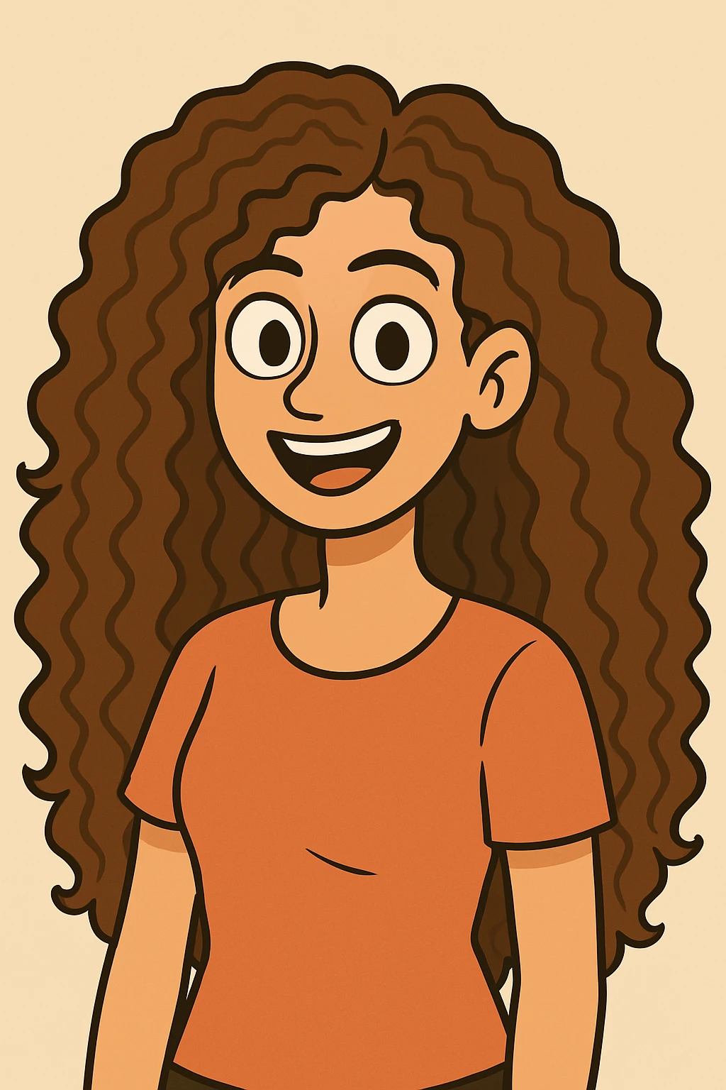 Make the hair much longer, with 3b-3c brown hazelnut curls, keeping the same style and expression, upper body, plain background, in a style consistent with the original images. emoji
