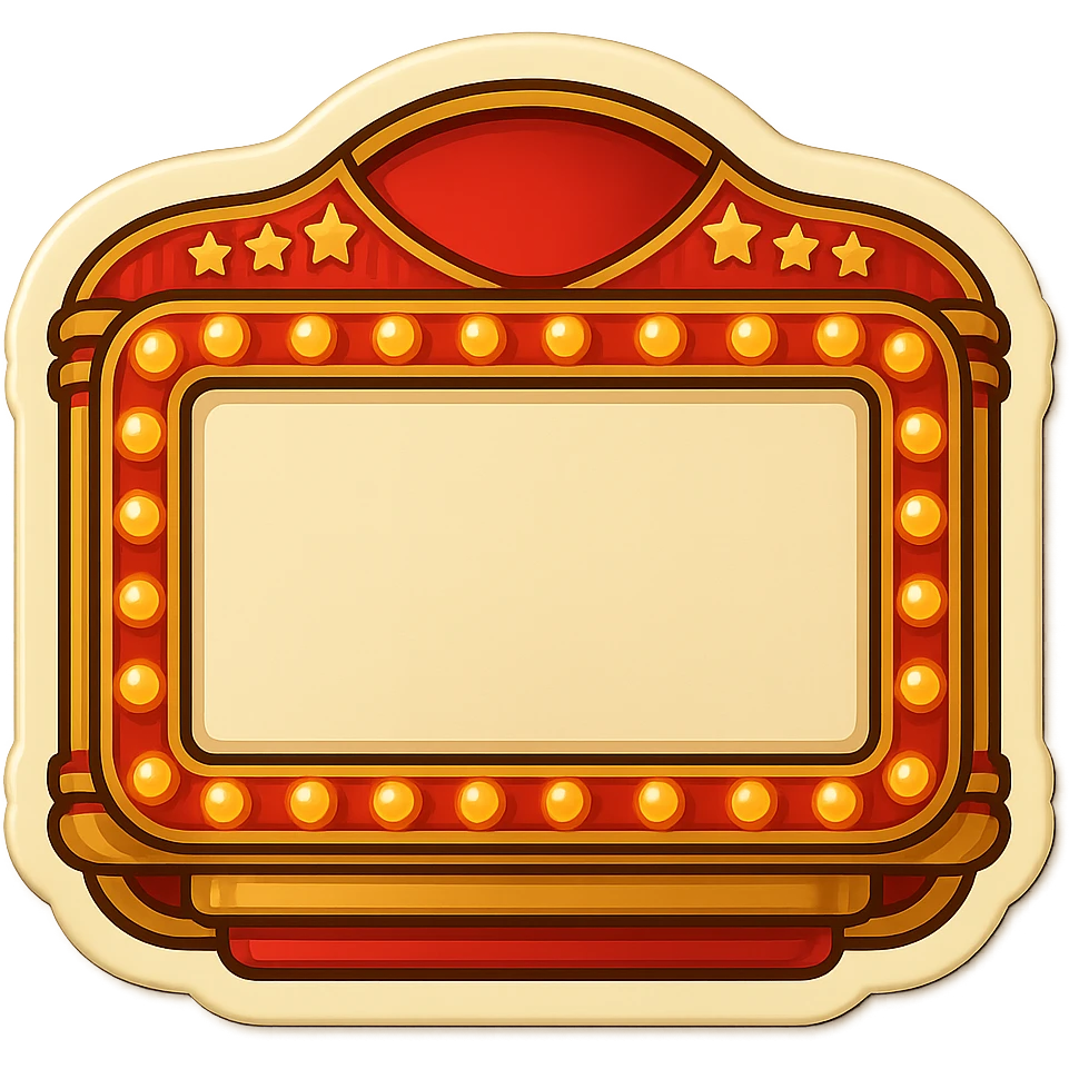 Create a compact emoji of a classic marquee sign with gold and red colors, glowing lights, no text, in a retro stickers style, transparent background. emoji