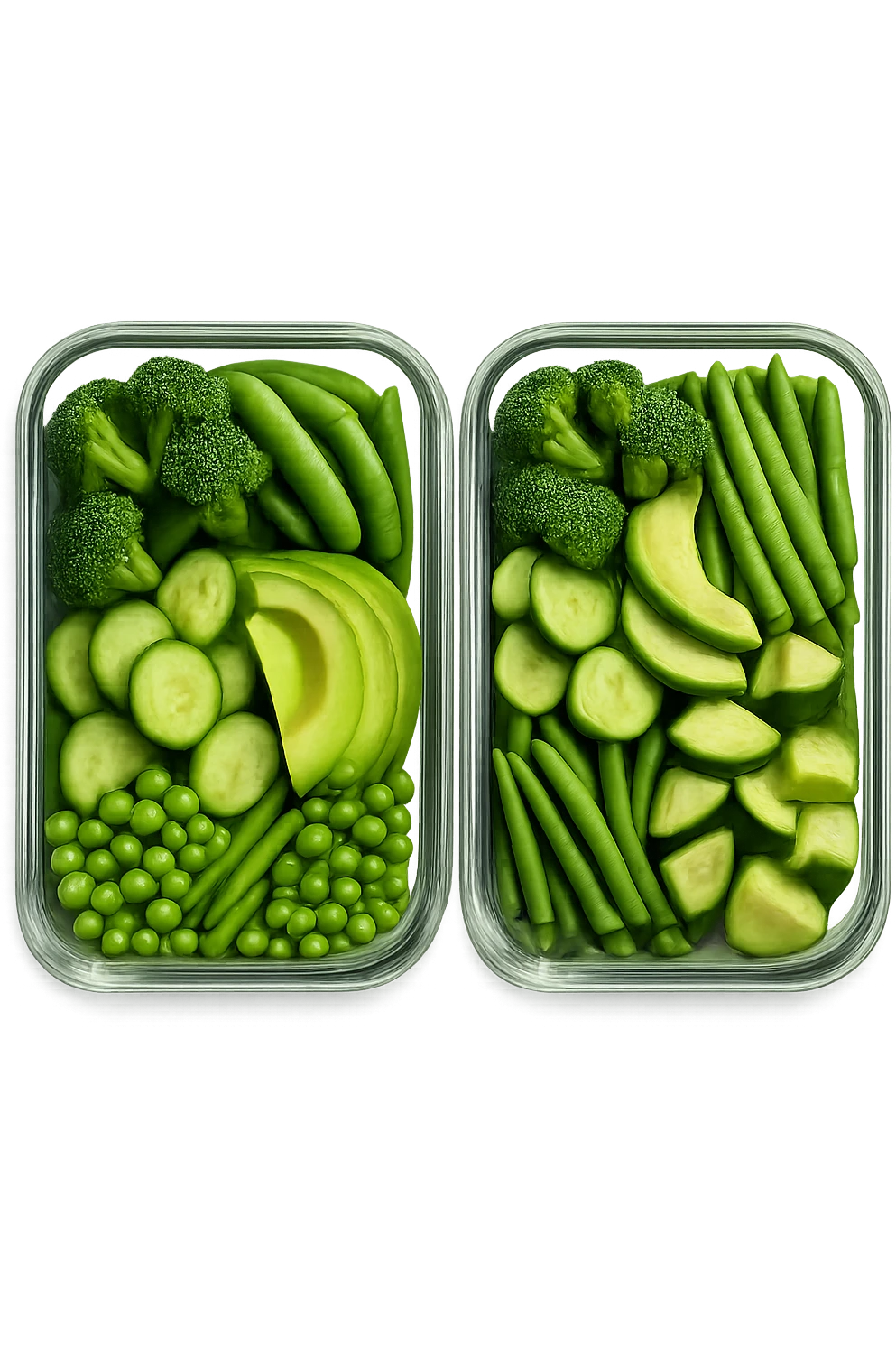 verdure tagliate e sistemate in due schiscette di vetro viste dall'alto, iperrealistico 4k emoji