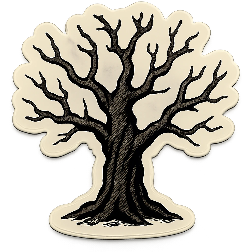gloomy tree with branches, contour style, sharp black lines, clear shadows and highlights, no gradients, retro stickers style emoji