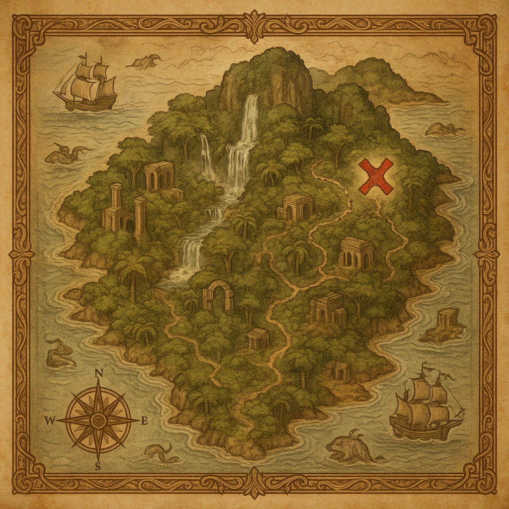 A realistic, large treasure map of an ancient jungle island, with ruins, waterfalls, secret paths, and a bold X for the treasure. Includes classic map decorations and an antique look. emoji