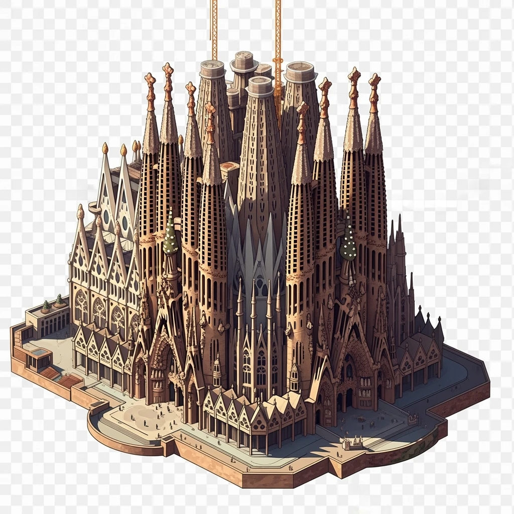 Isometric illustration photorealistic Sagrada Familia, highly detailed in semi-realistic style, balanced between stylized and realistic, 3D miniature effect, transparent background. emoji