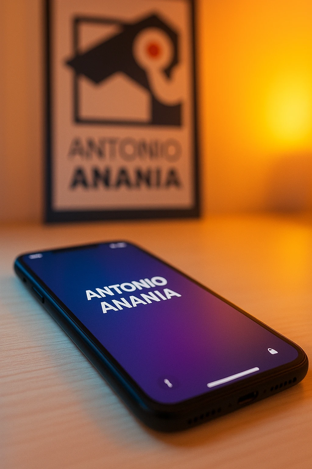 A photo of an iPhone on the desk with the message "Antonio Anania" on its screen, The phone sits atop a desk with a blurred background that suggests work environment. A faint glow from above casts gentle shadows across the surface of each object, creating depth and highlighting their textures emoji