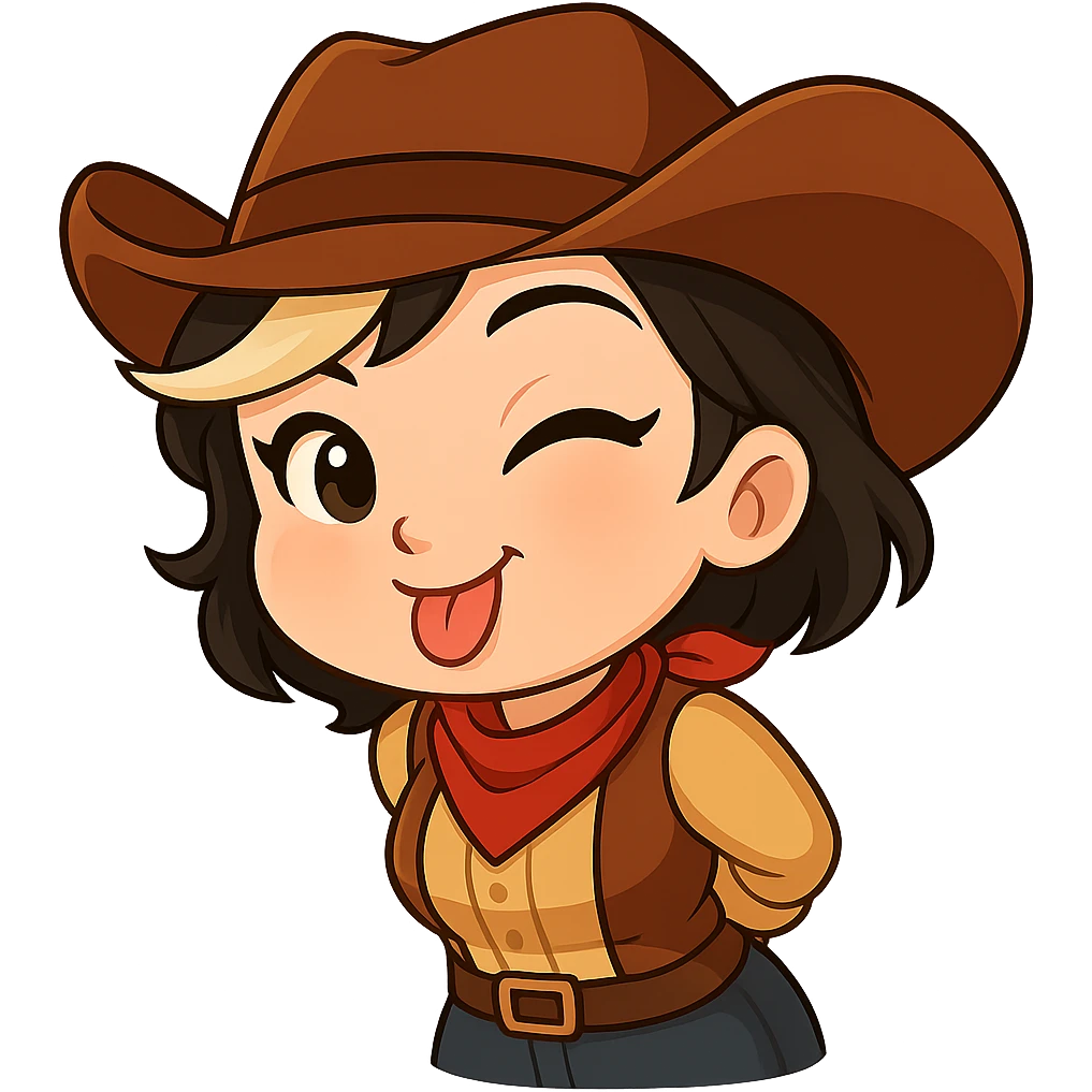 Sexy chibi cowgirl with short hair and a blonde streak, wearing a cowboy hat and western outfit, no guns. Chibi/anime style, transparent background, sized for Twitch or Discord use. Pose: leaning forward with hands behind back, playful wink and tongue out. emoji