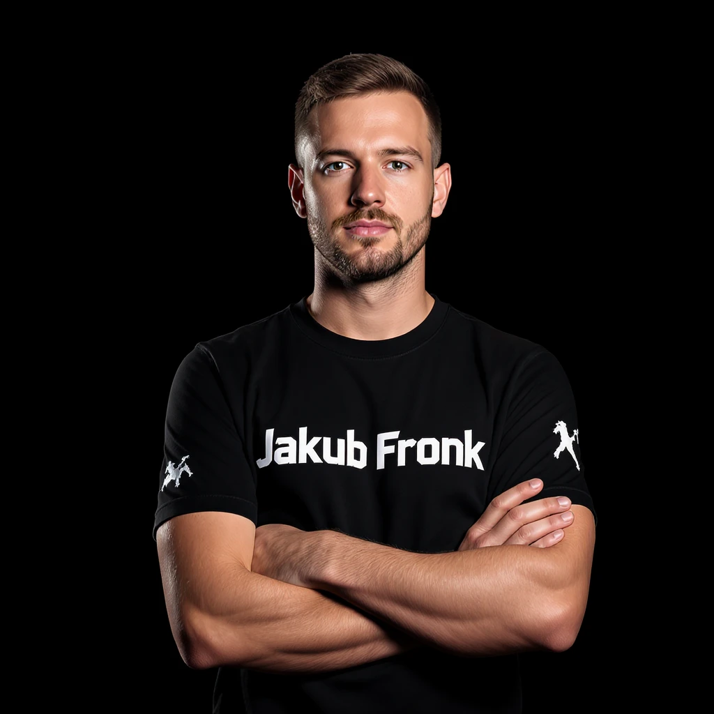 Csgo pro player profile proffesional photo, low key light back light, man standing crossed hands with tshirt with text "Jakub Fronk" black solid background emoji