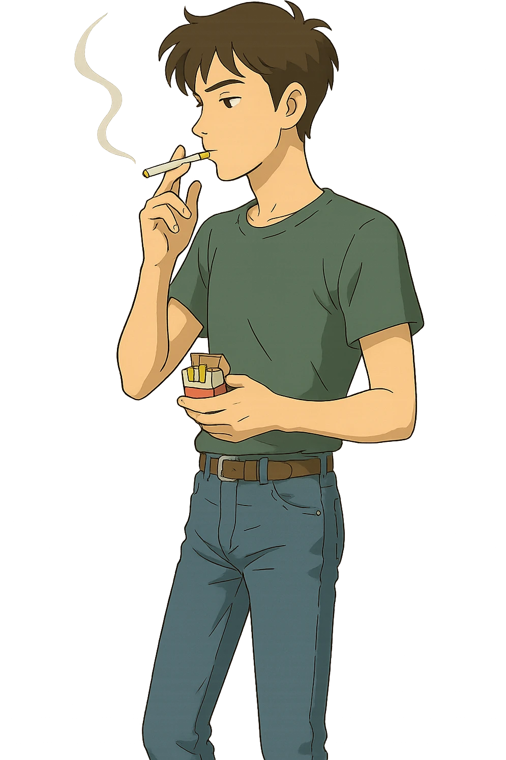 A full body of a slim young man wearing jeans and a t.shirt holding a packet of cigarettes and smoking emoji