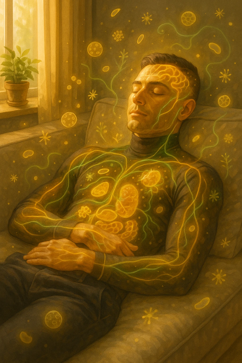 Uomo sdraiato su un divano nel primo pomeriggio, mentre fa un breve riposino. Il suo corpo appare parzialmente trasparente o stilizzato, con luce calda e flussi energetici dorati e verdi che scorrono attraverso muscoli, cervello, e organi. Intorno a lui si vedono piccoli simboli di rigenerazione: cellule che si rinnovano, tessuti che si illuminano, aura rilassata. L'ambiente è calmo e ordinato, luce naturale che entra da una finestra, atmosfera rigenerante, stile iperrealistico con accenti metaforici. emoji