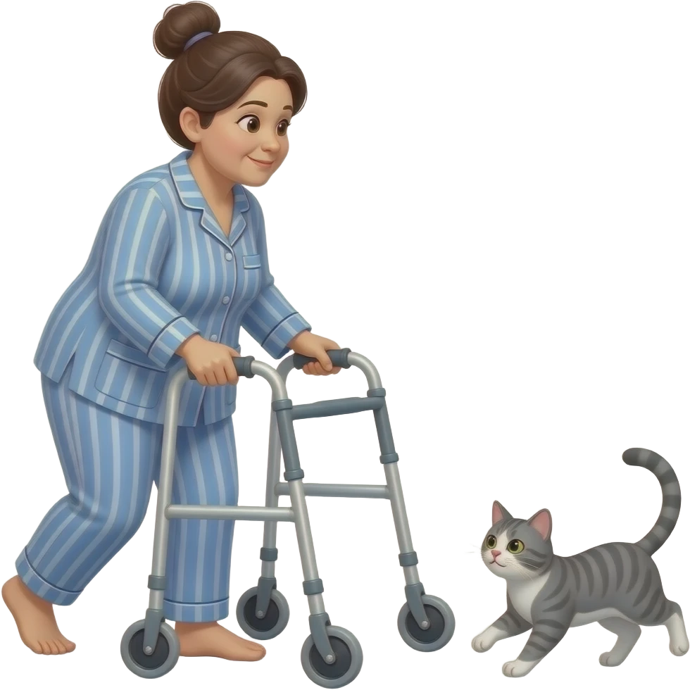Middle aged, a little heavy set, dark hair in a bun, woman in pajamas using walker chasing a grey and white tabby cat emoji