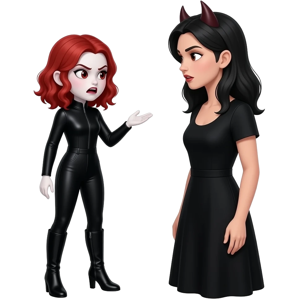 Vampiro femmina adolescente 12 enne più bassa  con i capelli rossi con pelle bianca che indossa un TUBINO con maniche lunghe nero e degli stivali lunghi neri con tacco i capelli lunghi ondulati rossi che parla ARRABBIATA con la madre Vampiro che ha un vestito neroadulta e  si guardano negli occhi emoji