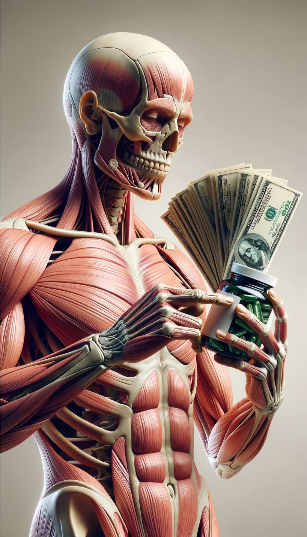corpo umano anatomico che tiene nella mano destra una boccetta di integratore e nella mano sinistra delle banconote, sfondo neutro chiaro emoji