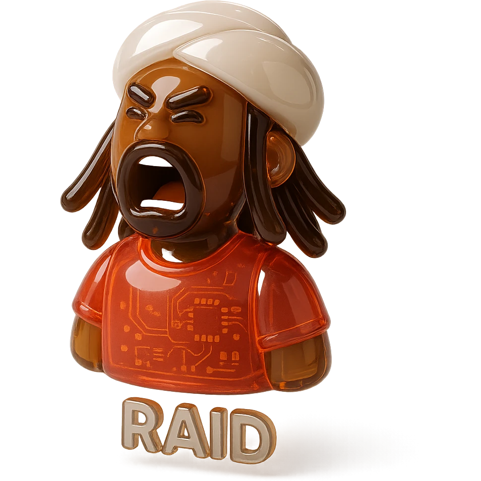 Brownskin man with long brown dreadlocks 
red t-shirt 
White turban 
expression is yelling 
Add the word RAID  emoji