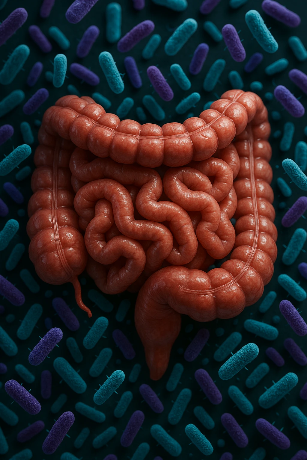 intestino umano anatomico realistico pieno di batteri intestinali viola e turchesi che gli fluttuano intorno, IPERREALISTICA 4K emoji