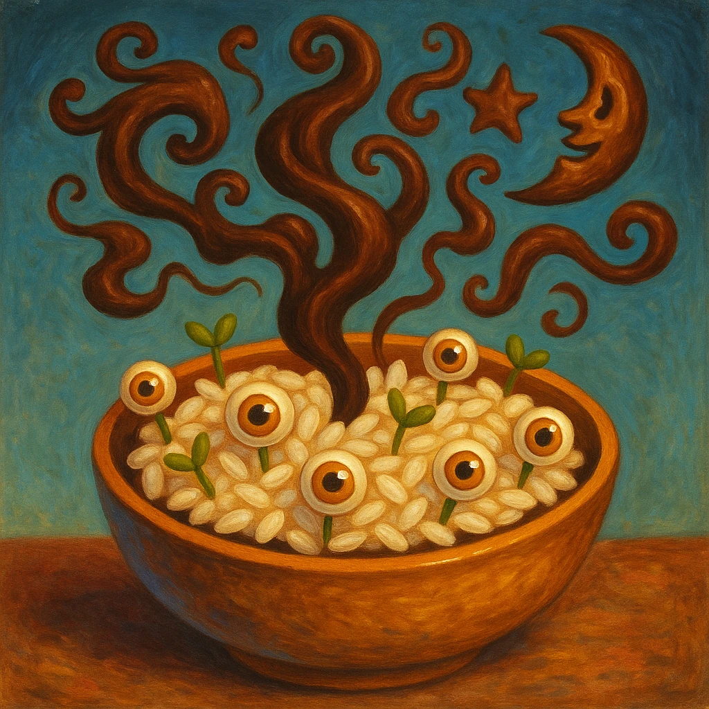 surrealism-inspired champorado emoji with rice grains sprouting tiny eyes, chocolate steam forming abstract shapes, whimsical otherworldly vibe emoji