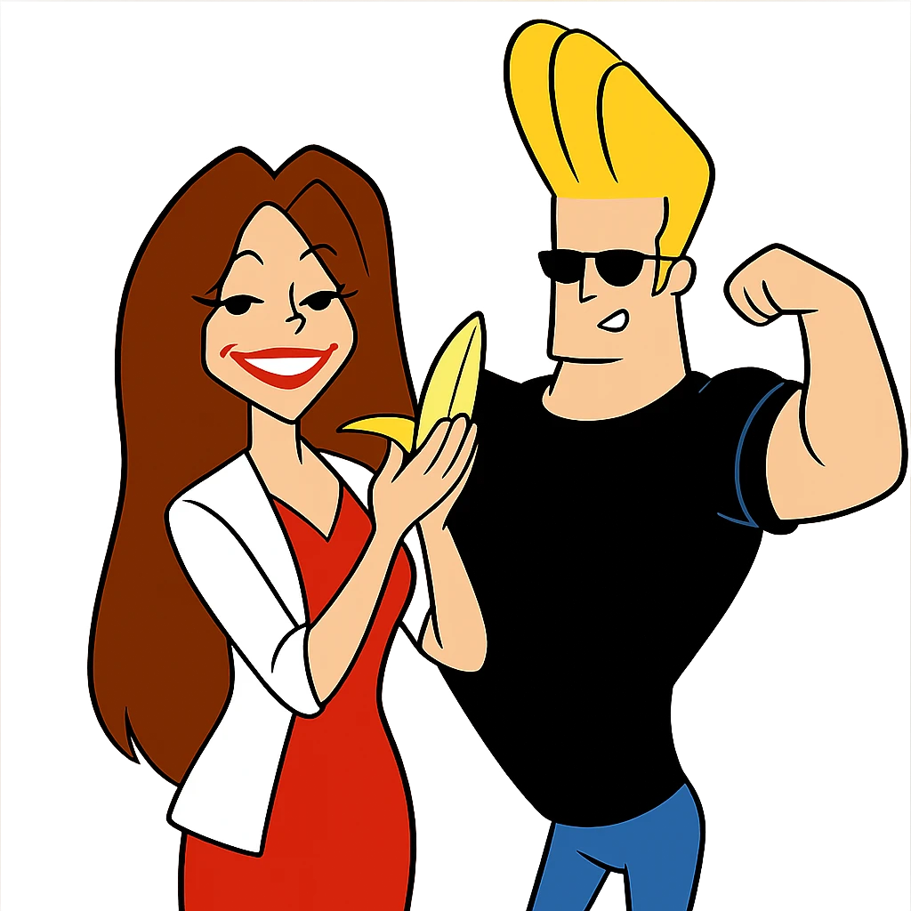 Combine both characters from the provided images into one image, standing side by side, keeping their original colors and cartoon style unchanged, with a transparent background. emoji