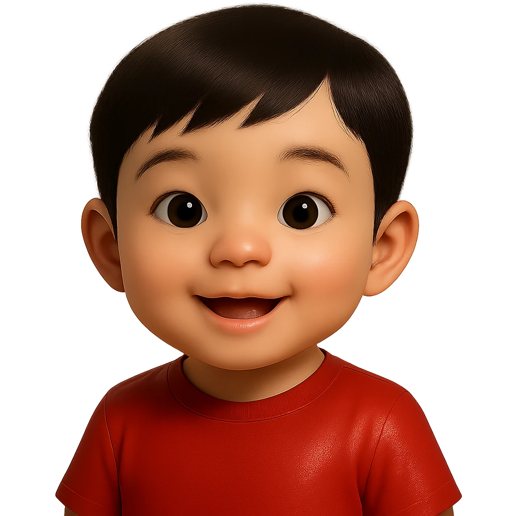 Remove the checkered background and make it fully transparent. Keep the cute Asian baby boy with red shirt, soft glossy texture, 80% realistic. Maintain a soft glossy texture and about 80% realistic style. emoji