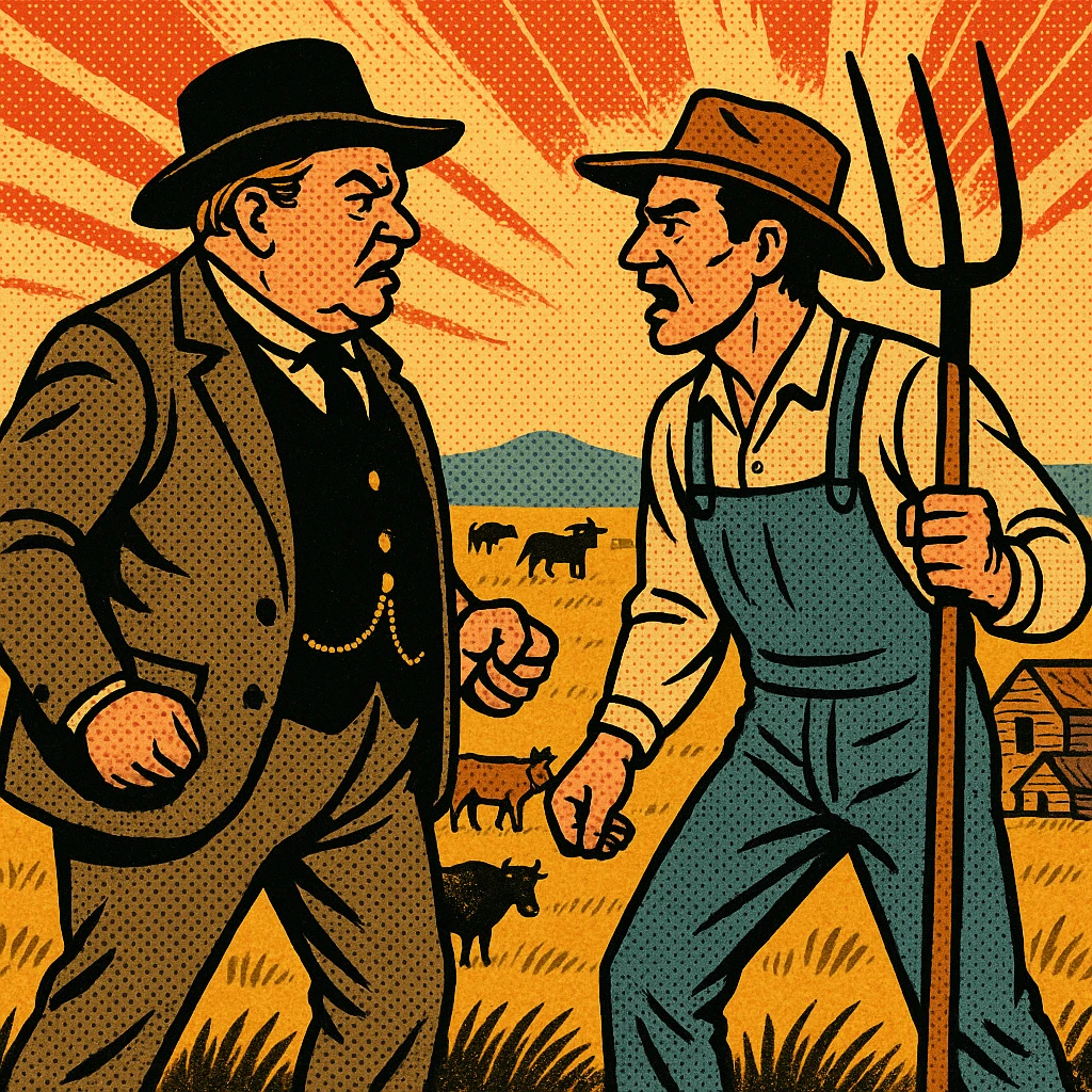 The full body of a wealthy cattle baron from the 1870s American West in an argument facing a homestead settler holding his pitch fork.  In the background is the Great Plains with cattle and horses emoji