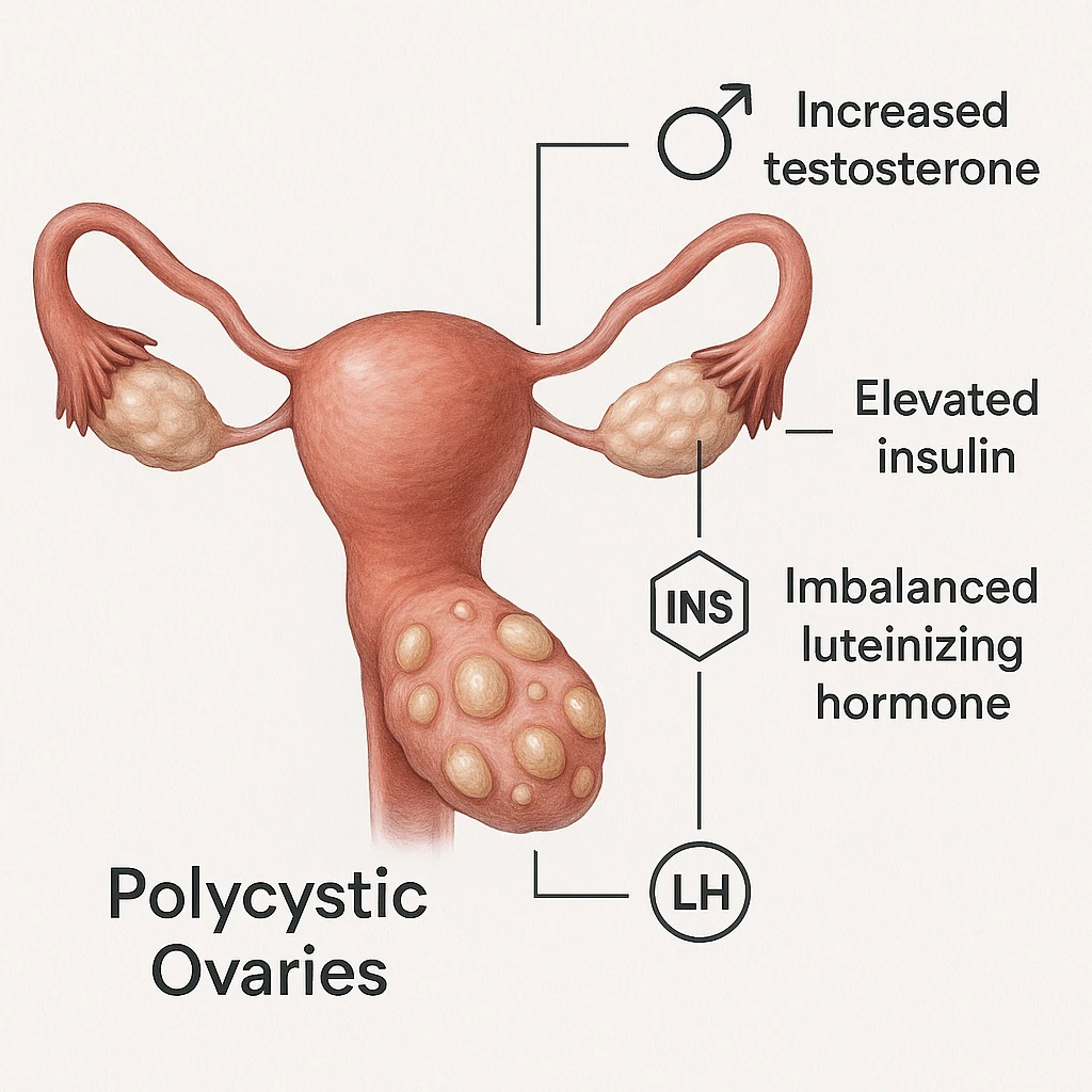 realistic illustration of polycystic ovaries with lines connecting to hormone symbols, explanatory captions, educational style, white background emoji