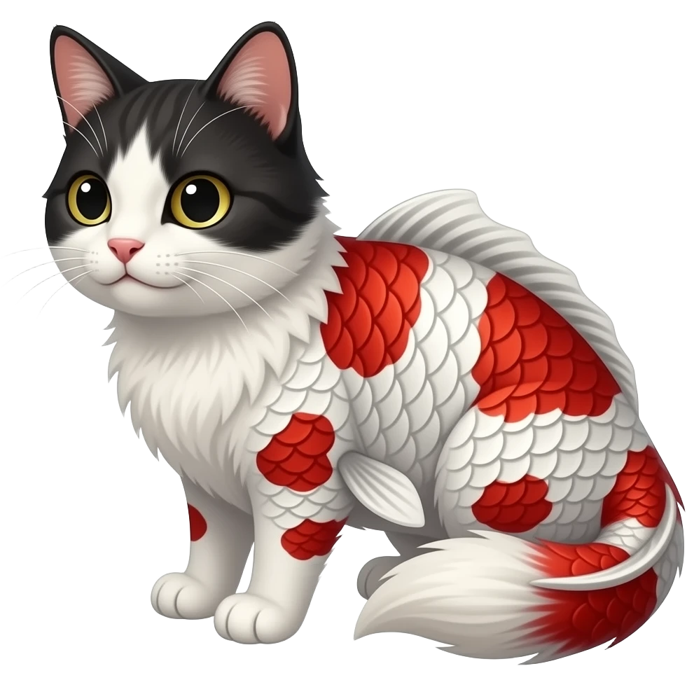 White, black, red, Koi-fish-fox-cat with thick fleshy catfish-whiskers, furry scaly, cute realistic oriental, Japanese painted marked patterned fish-tailed emoji