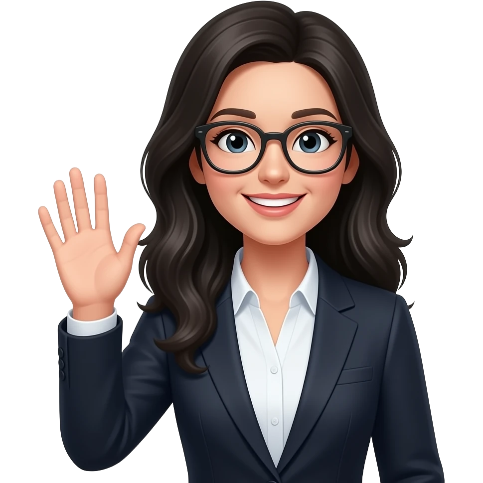 femme, cheveux longs noirs à lunette, tenue blouse blazern qui fait coucou emoji