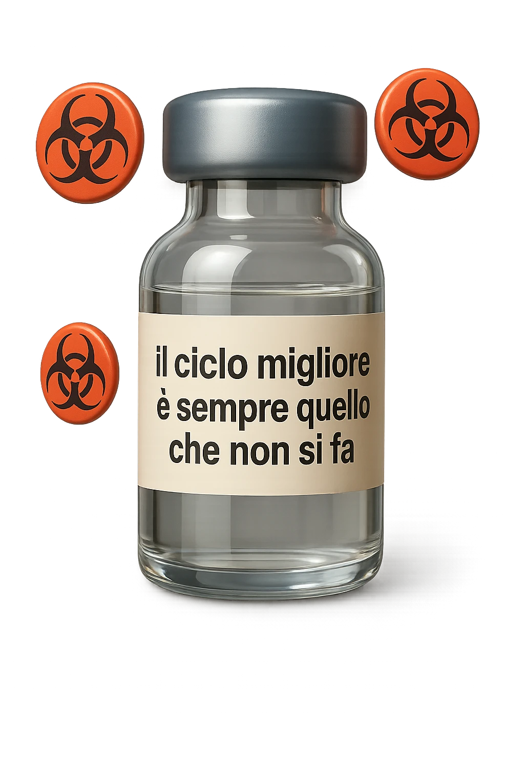 SU QUESTO STILE FAI UN EMOJI STILE IPHONE 3D DI UNa boccetta di fiala medica attorno alla quale fluttuano segnali di pericolo, sull'etichetta della boccetta c'è scritto "il ciclo migliore è sempre quello che non si fa", FALLO MOLTO REALISTICO IN 3D emoji