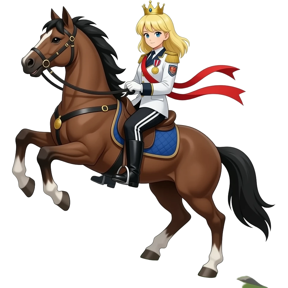 blonde shoulder length haired female android 18 from dragon ball super are wear gold tiara white military tunic arm badge shoulder cord medal red sash blue belt black trouser with two side stripes white shoes have riding on horse rearing up top of mountain showing heroic emoji