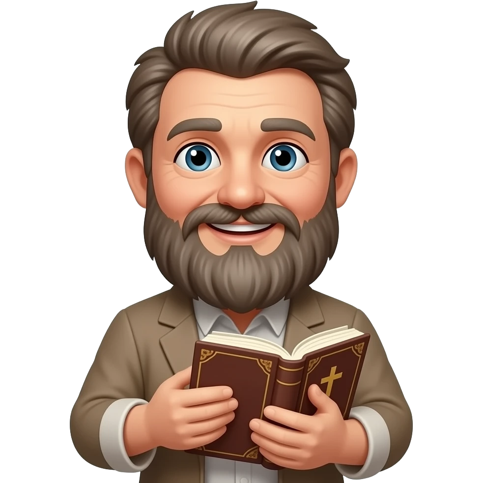 wise old man with grey/brown hair beard eyes smile with book that has a cross on it emoji