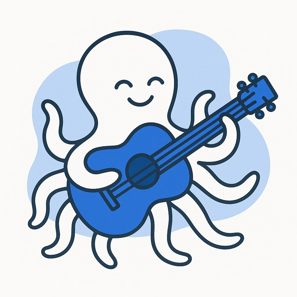 happy octopus with multiple arms playing guitar emoji