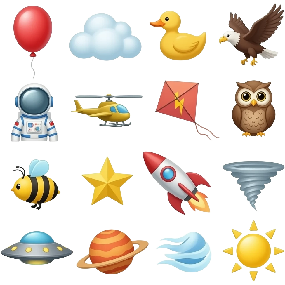 A is for Astronaut, balloon, cloud, duck, eagle, fly (verb), glider, helicopter, ice (cloud), jet, kite, lightning, moon, Neptune, owl, plane, queen bee, rocket, star, tornado, ufo, Venus, wind, x-rays, yellow (sun), and zigzag emoji