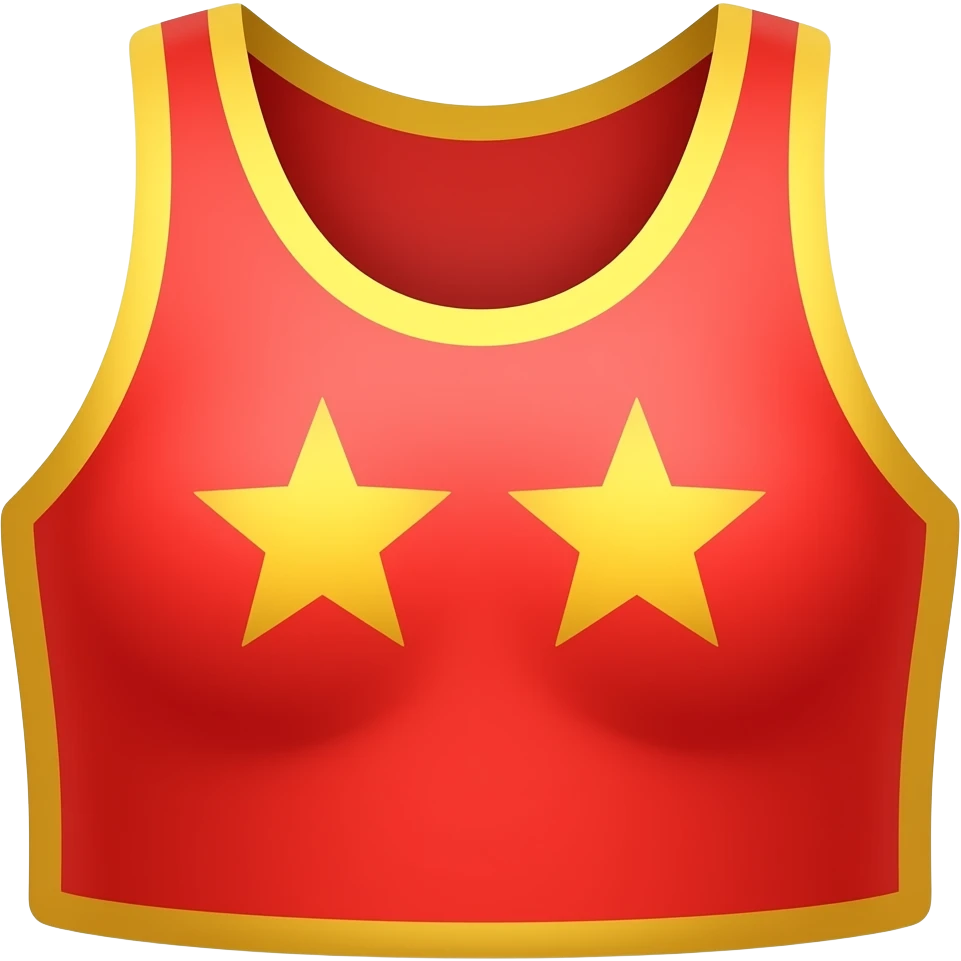 Flat 2D emoji style red tank top, bright red with yellow trim, two yellow stars on chest, simple cartoon icon, transparent background, centered emoji