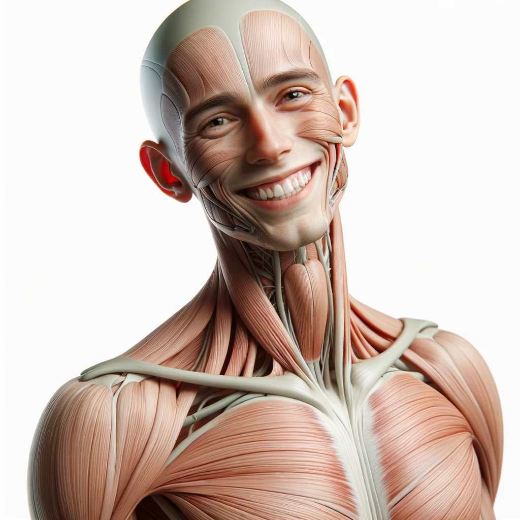 corpo umano anatomico a figura intera che sorride rilassato, iperrealistico 4k, isolato su sfondo bianco emoji