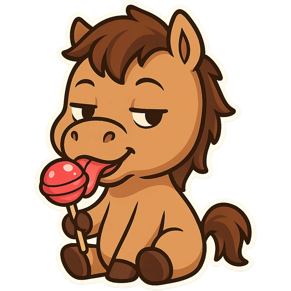 A horse licking a lollipop with a smug expression emoji