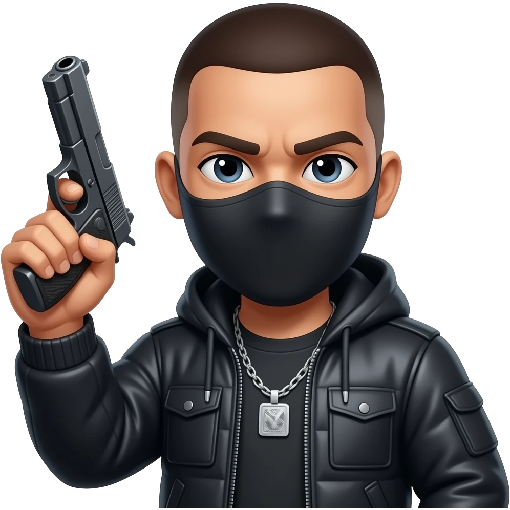 Malandro con máscara y pistola tipo comiquitas emoji