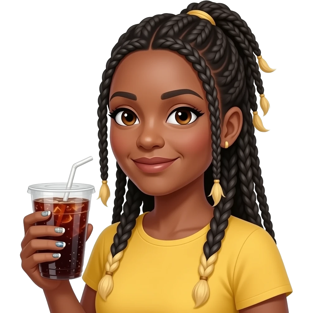 professional black woman in her 40s with long thin hair braids with blond tips pulled some up some down wearing a yellow top and holding cup of soda- her nails are painted with a design emoji