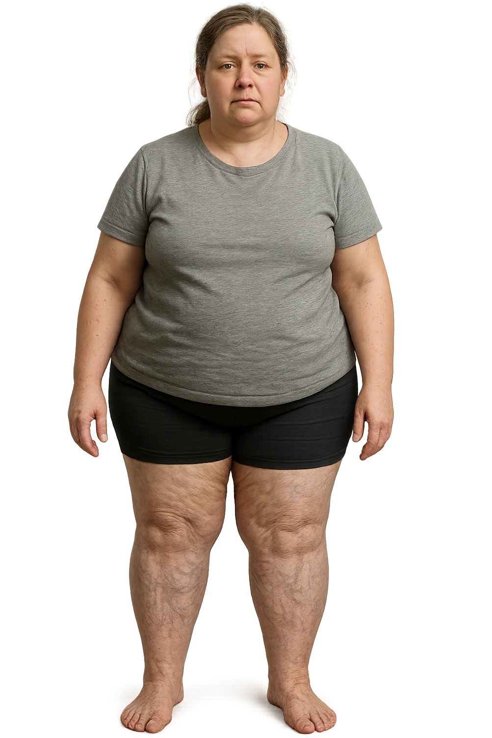 donna realistica leggermente in sovrappeso con vene visibili sulle gambe e gambe gonfie, iperrealistica 4k, IPERREALISTICA 4K emoji