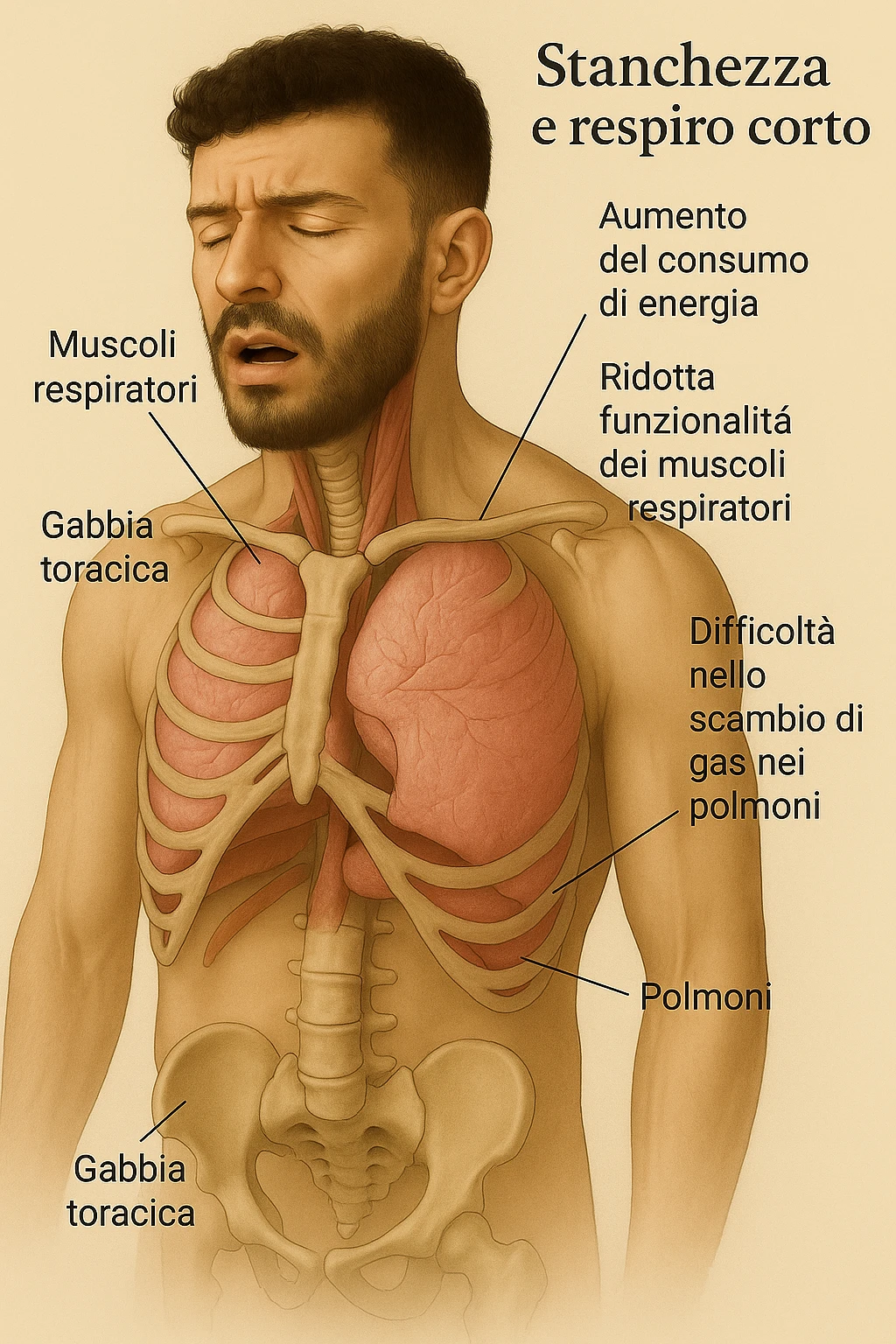 Uomo con stanchezza e respiro corto vista anatomica immagine realistica in 3D in italiano emoji