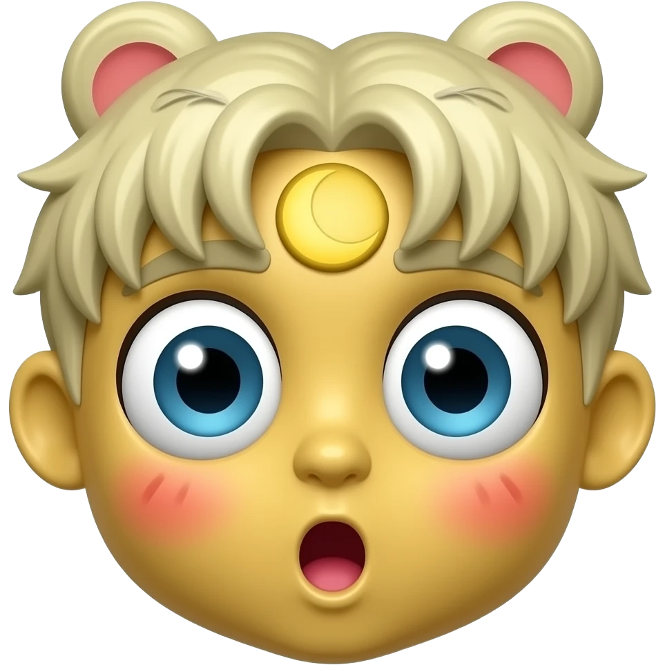 놀란 동공. 커다란 눈. 하얀 동공에 파란렌즈. 둥근 달. 요다귀. 노란색 스킨. 붉은 홍조. 이마 주름은 없고 입은 O모양. emoji