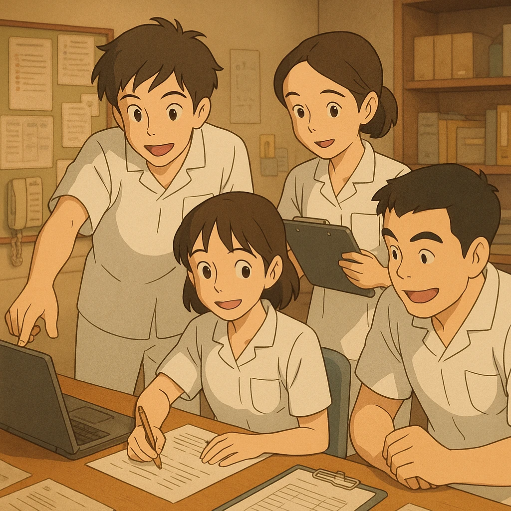 Four students inspired by references, working together in a care station, Ghibli style, white short-sleeve uniforms with V-neck, left chest pocket, no collar stand, no stethoscopes, no undershirts, warm atmosphere, multiple collaborative attitudes. emoji