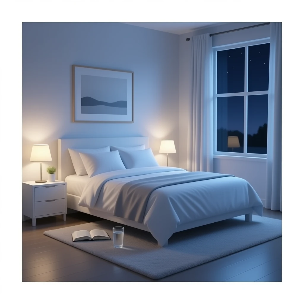 A dimly lit white bedroom. The bed is neatly made, and a glass of water sits beside a book on a cozy emoji