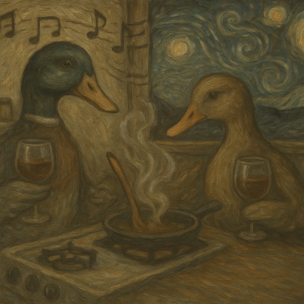 Make the colors less vibrant while keeping the Van Gogh–inspired style. Maintain the cozy kitchen scene with a male and female duck cooking, drinking wine, listening to music, and the Starry Night visible through the window. Preserve the 4:3 aspect ratio. emoji