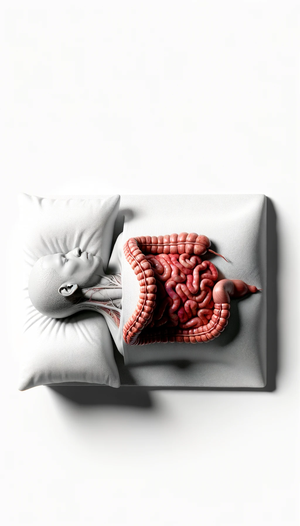 corpo umano anatomico con intestino in evidenza con la testa sul cuscino e gli occhi chiusi perché sta dormendo, visto dall'alto, iperrealistico 4k, isolato su sfondo bianco emoji