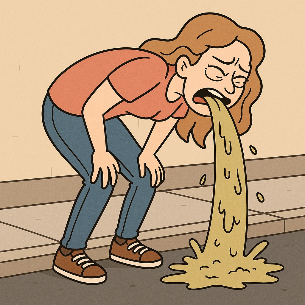 cartoon style woman hunched over vomiting on the street, casual clothes, distressed expression emoji