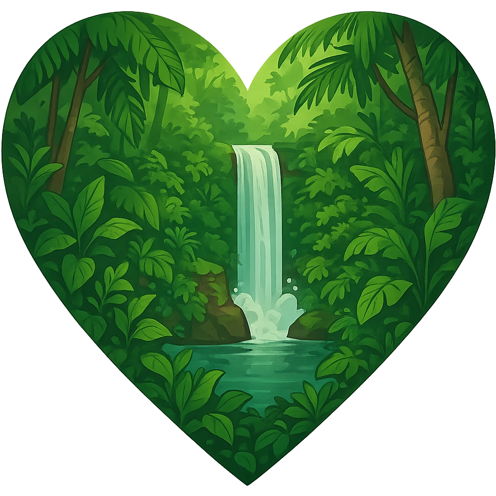 heart with a lush jungle and waterfall, clean digital illustration, no background emoji