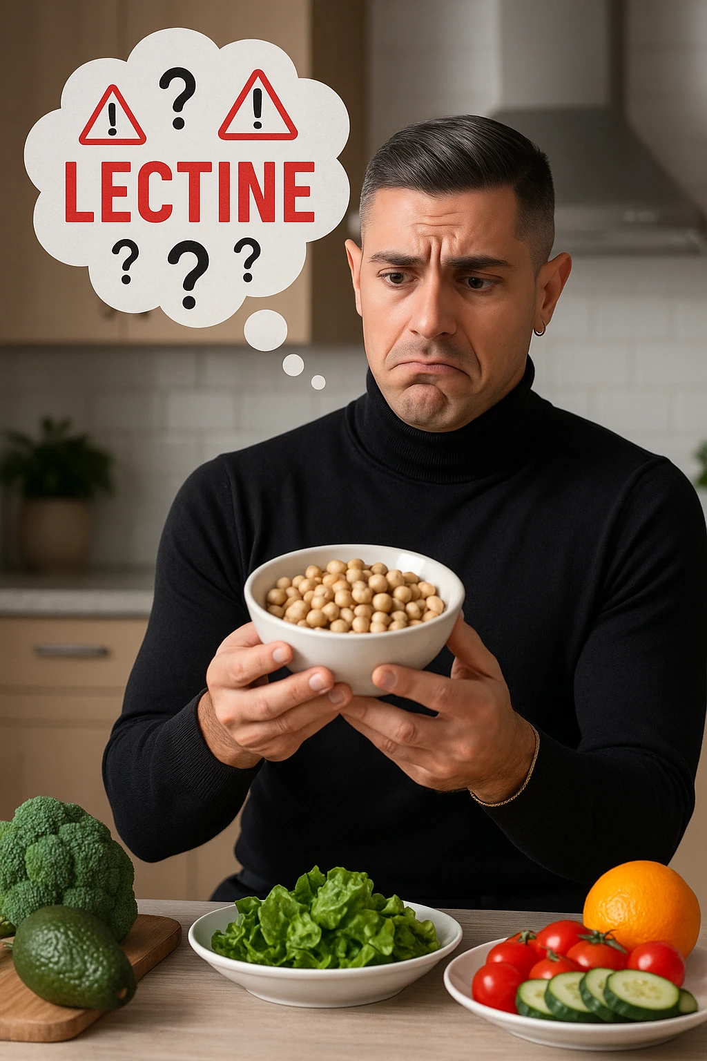 un uomo in cucina tiene in mano una ciotola di legumi (come fagioli o ceci) e li osserva con un’espressione dubbiosa e leggermente preoccupata. Sopra la ciotola, una nuvoletta di pensiero mostra la parola “Lectine” evidenziata in rosso, insieme a simboli di allarme o punti interrogativi. Sullo sfondo, altri alimenti salutari sono visibili sul tavolo, sottolineando il suo scetticismo verso i legumi. emoji