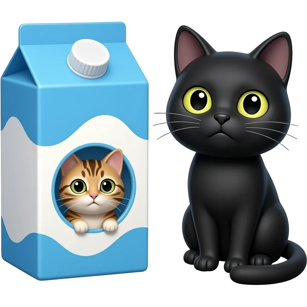 milk carton with blue and white color and with a small circle cutout where you can see a small tabby cat inside on the right side there is a largel black cat, on the roghr side there is a black cat looking concern at us emoji
