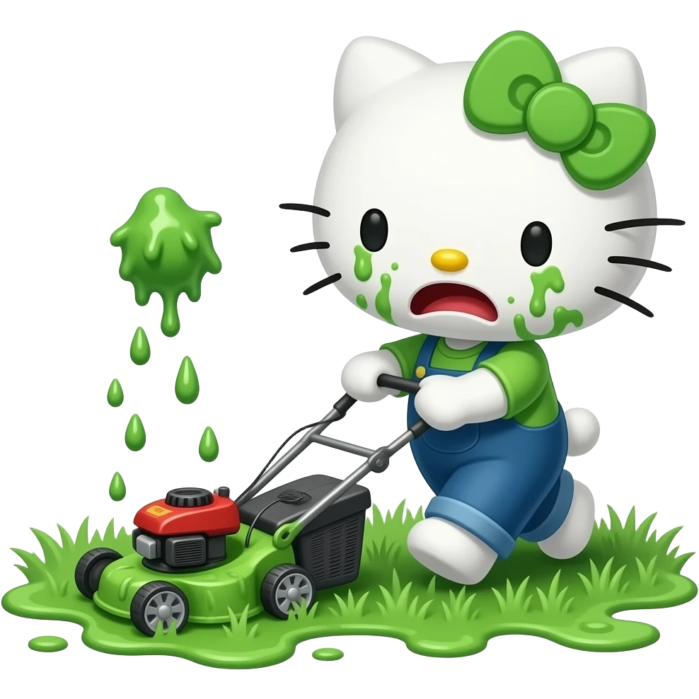 A green-and-white Hello Kitty is mowing the lawn with a lawnmower, and she's throwing up a lot while she does it—she's covered the ground in vomit emoji