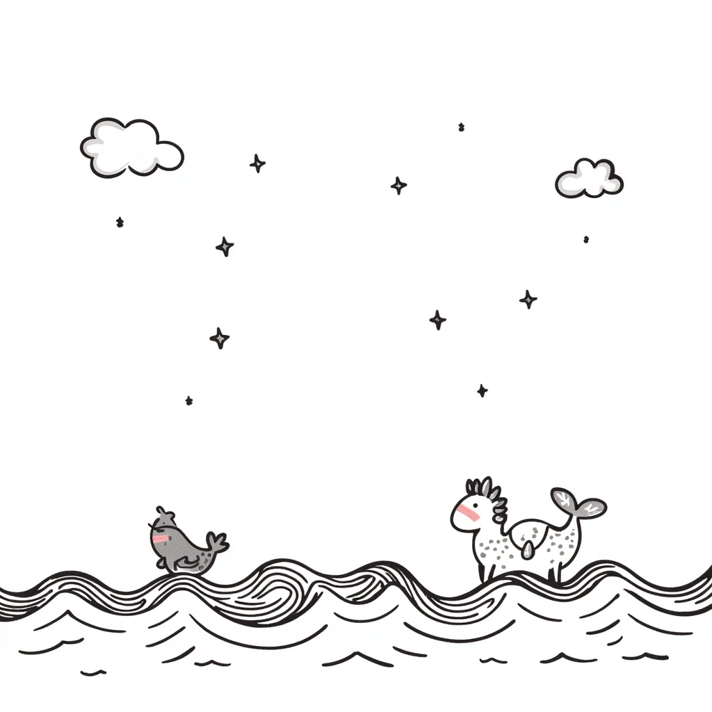 hand-drawn decorative elements including clouds, stars, ocean waves in a whimsical and airy children's book illustration style, clean and minimal, pastel tones, pencil or ink sketch look emoji