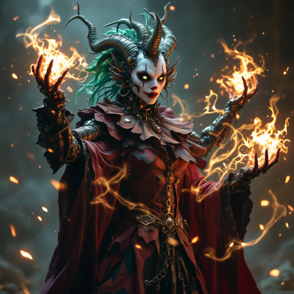 A multi-armed serpentine cybernetic clown sorceress casting a spell with glowing energy swirling around her hands, dramatic lighting, Flux Pro style. emoji