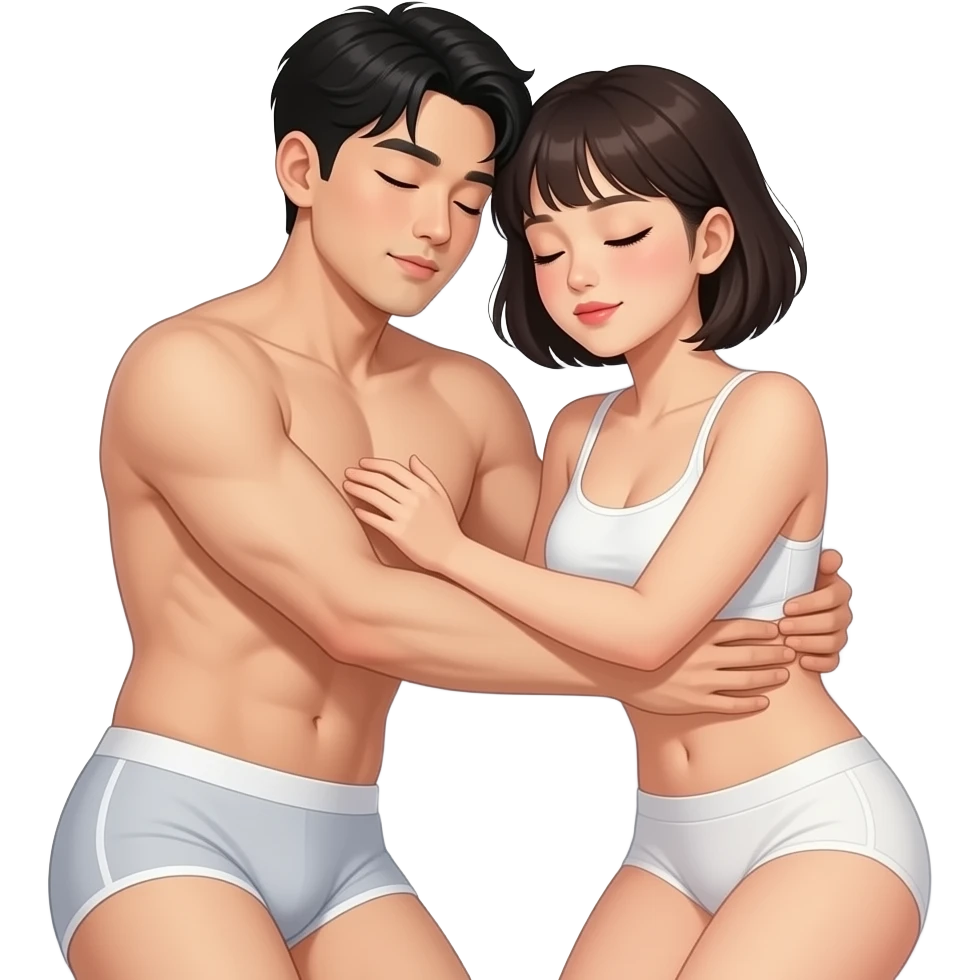 hot korean man with bangs sleeping with a hot Filipina with short hair and bangs. make them hug comfortably like they are sleeping. make them wear an underwear emoji