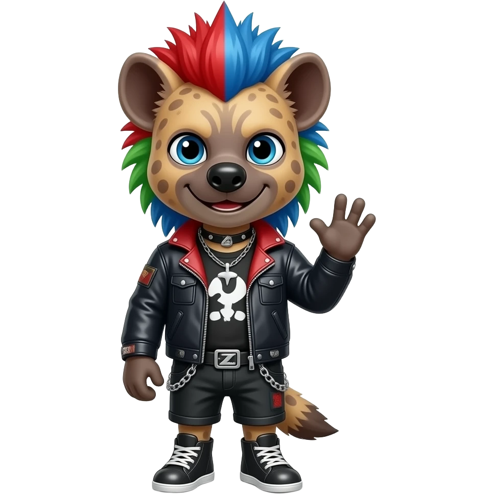 hyène androgyne punk cheveux rouge bleu et vert qui fait coucou avec sa pate emoji