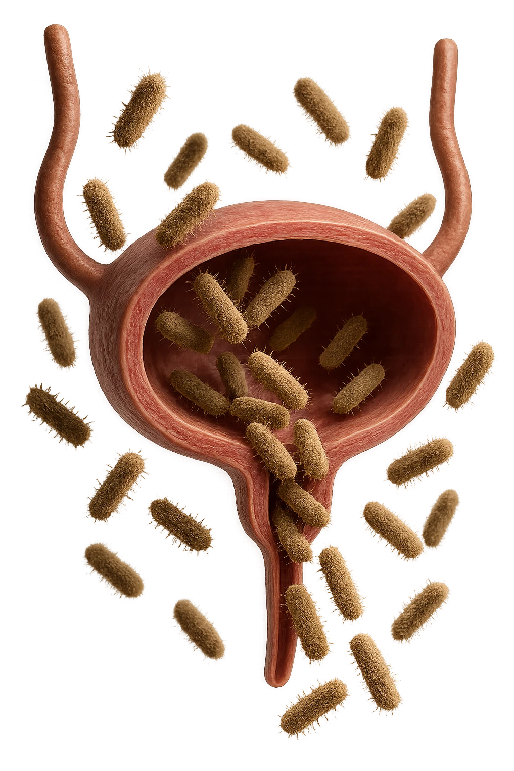 batteri intestinali che migrano ed entrano in una vescica anatomica realistica per infettarla, iperrealistico 4k emoji